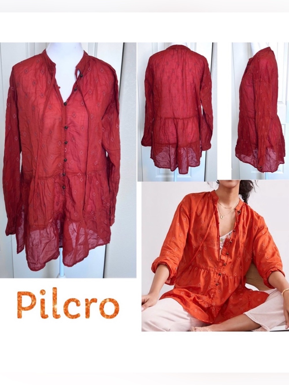Anthropologie PILCRO Tiered Button Embroidered Diamond shapes Rust Sz Medium